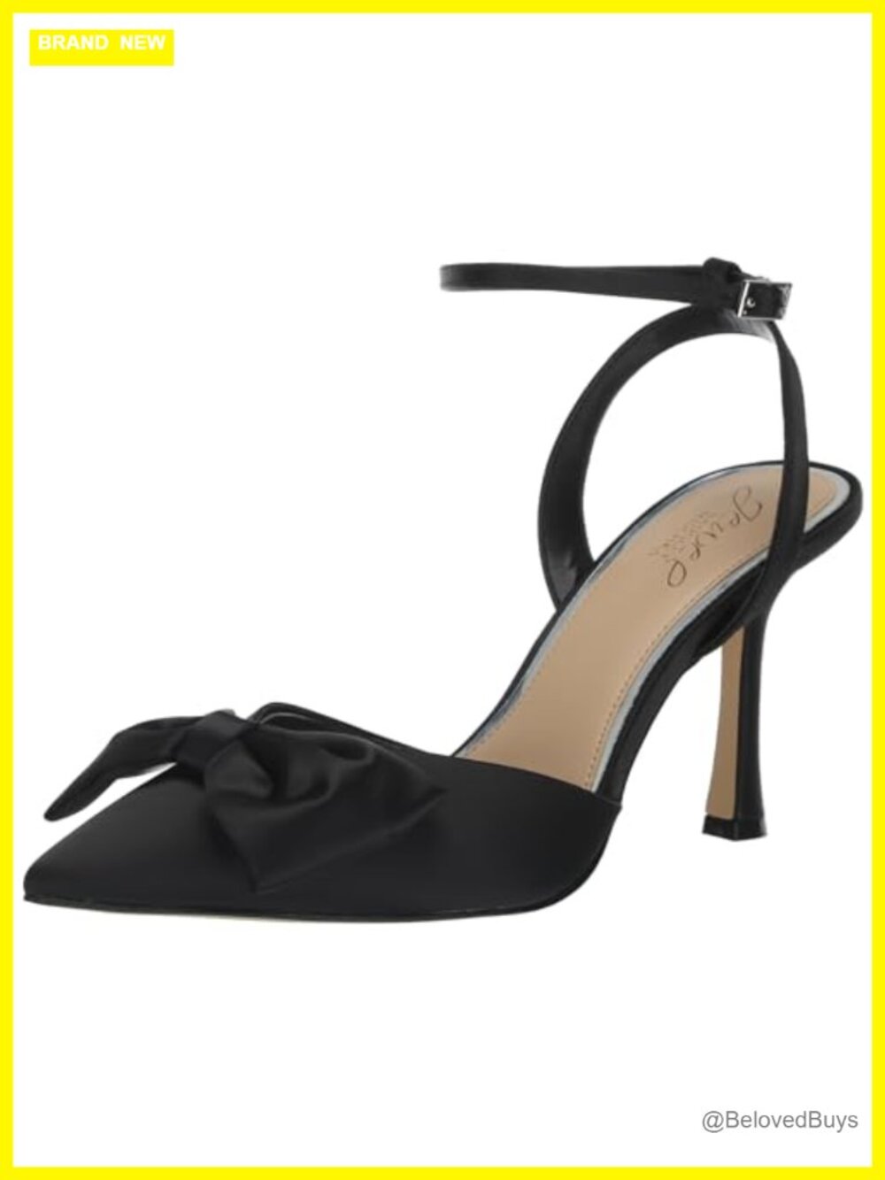 Satin Stiletto Pump with Bow, Pointed Toe, Ankle Strap, Formal